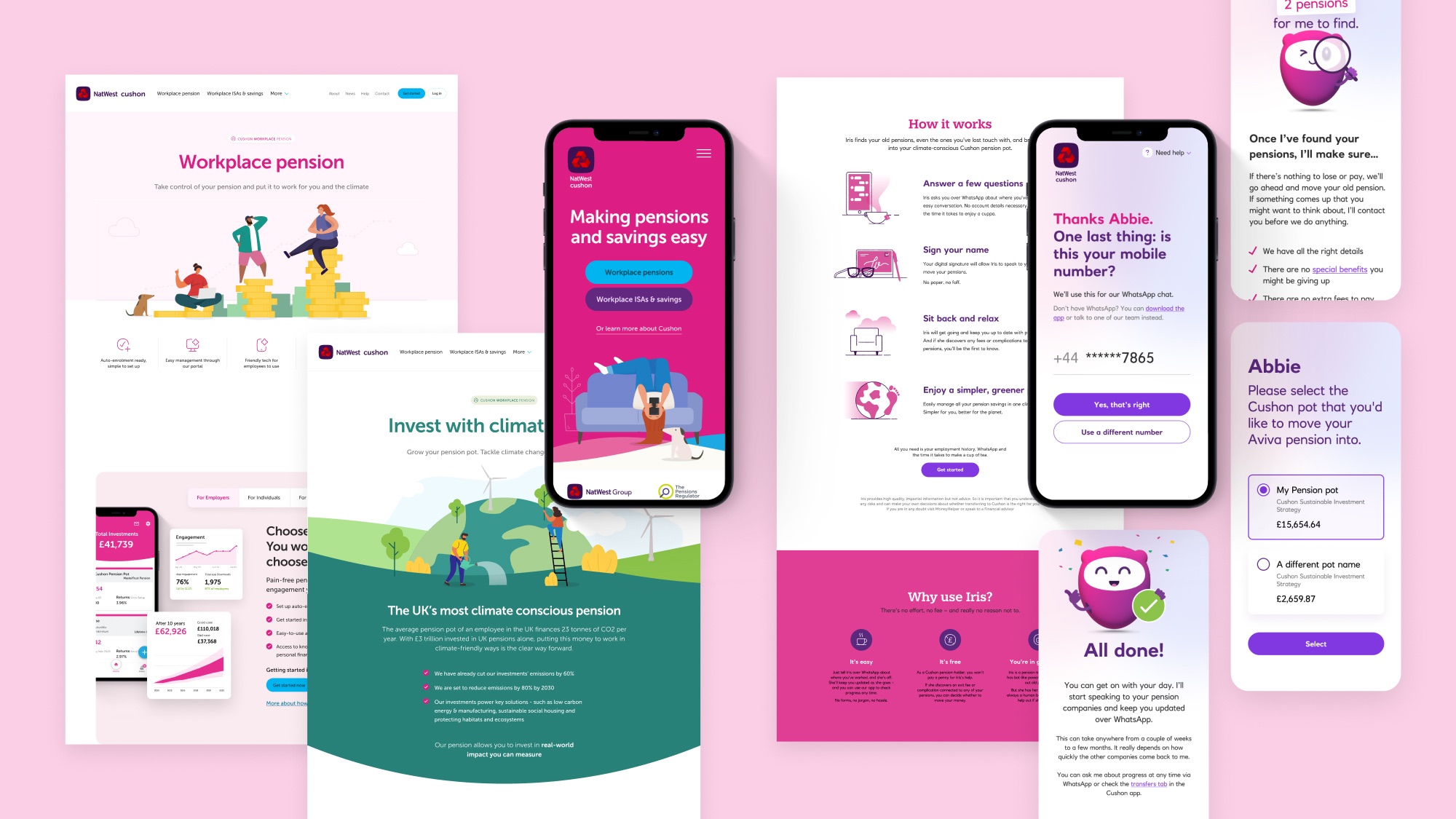 Montage of representative screen designs for Cushon website and consolidation journey