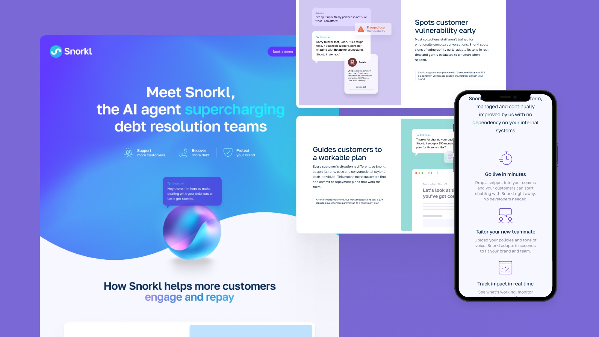 Representative screenshots of the Snorkl marketing site